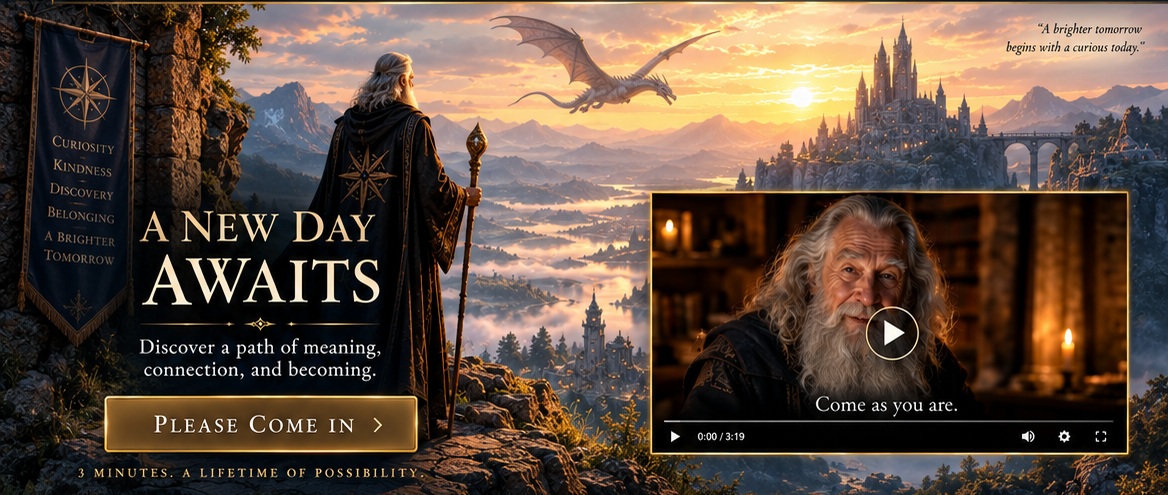 A sunrise over a fantasy mountain kingdom, with a traveler and dragon.