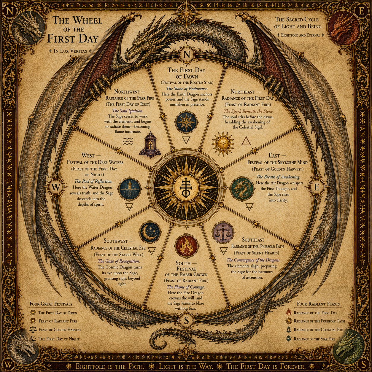 The Wheel of the First Day, an illuminated dragon wheel showing the eight festivals and radiant feasts.