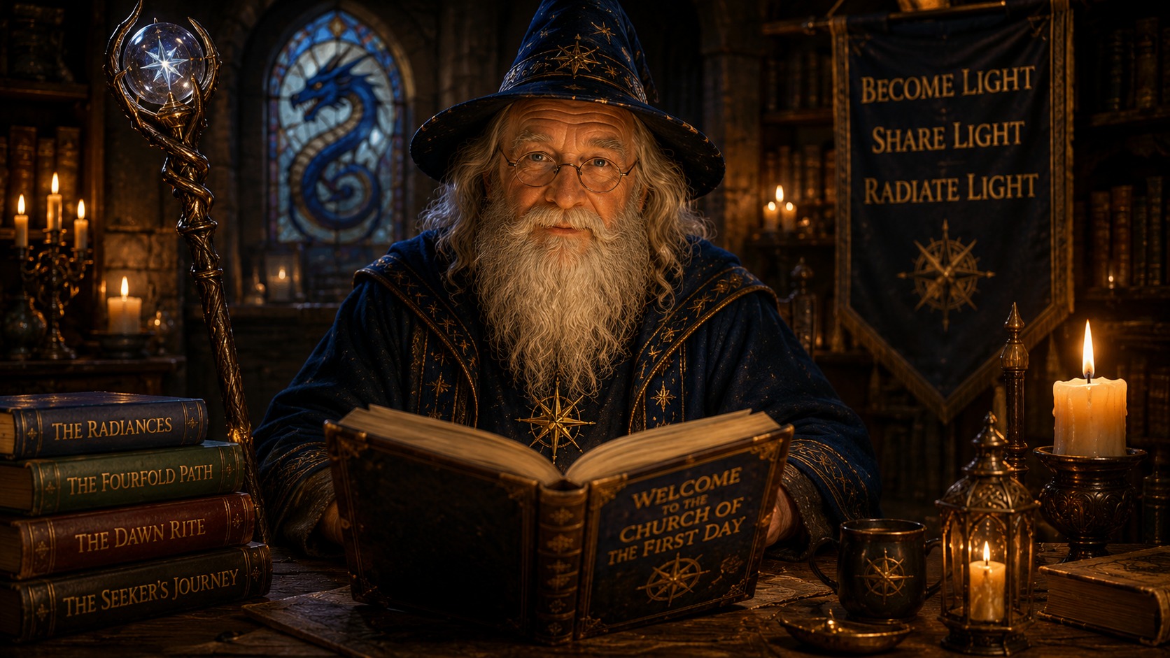 The Wizard seated in a candlelit study, welcoming visitors to the Church of the First Day.
